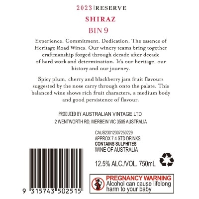 Heritage Road Biin 9 Shiraz GL 750mL (1x6) image