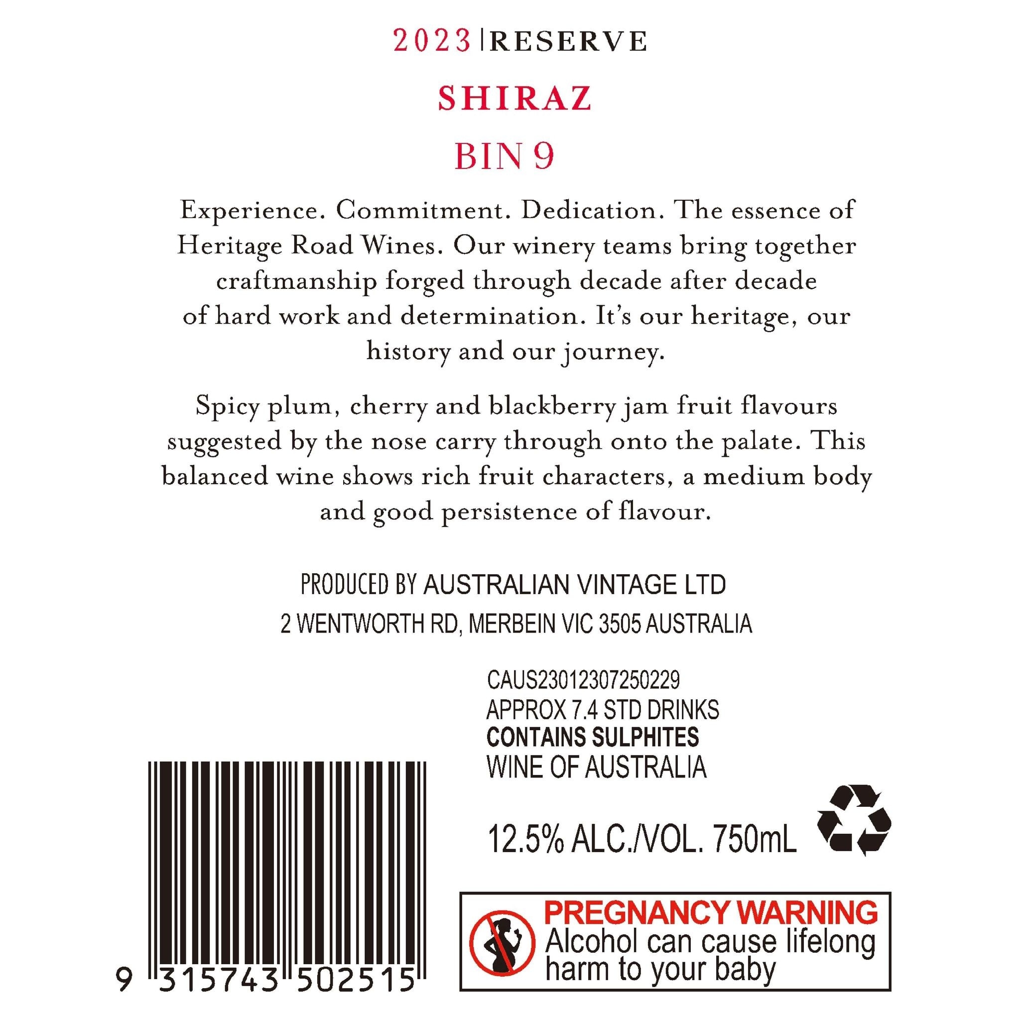 Heritage Road Biin 9 Shiraz GL 750mL (1x6) image