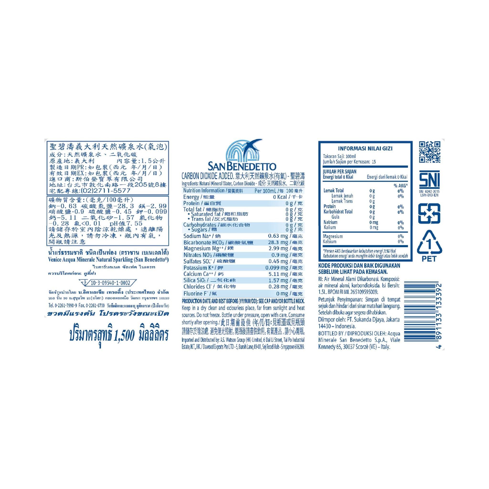 San Benedetto Mineral Water with sparkling 1.5L (6 bottles)