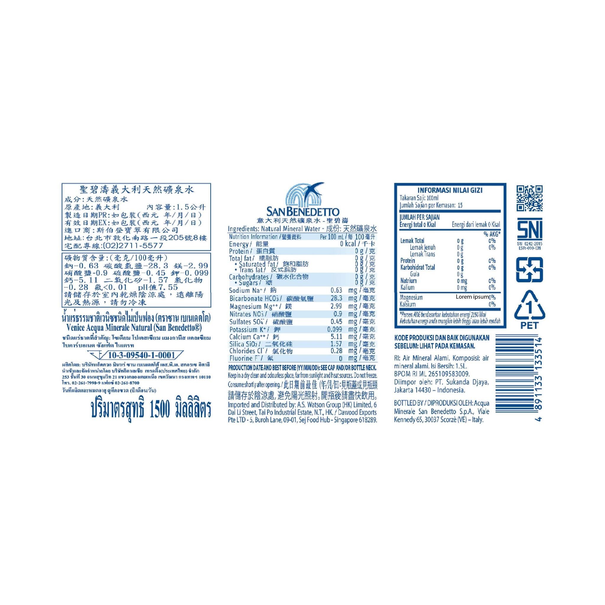 San Benedetto Natual Mineral Water 1.5L (6 bottles)